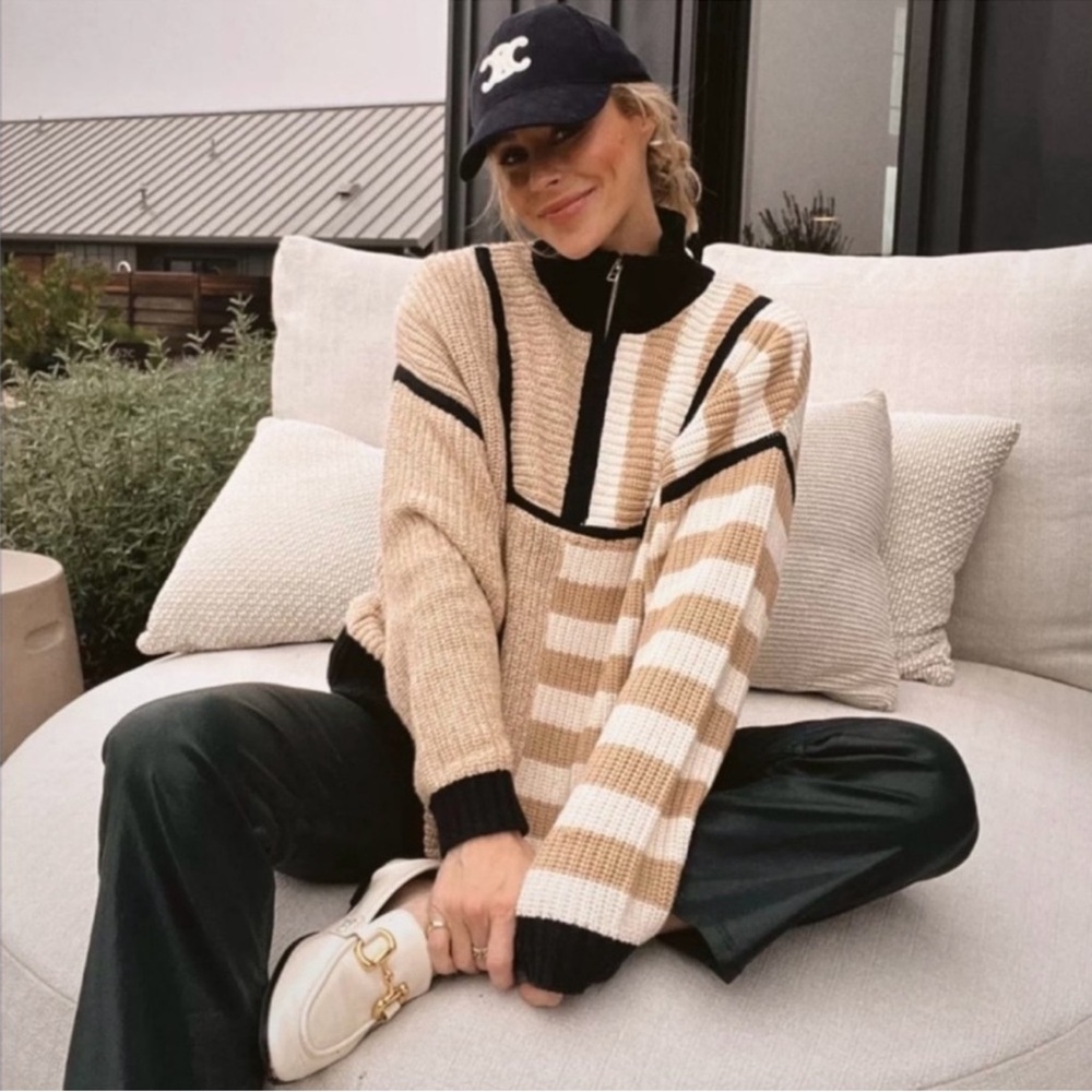 Staud Hampton Half Zip Sweater Sahara Stripe L NWT